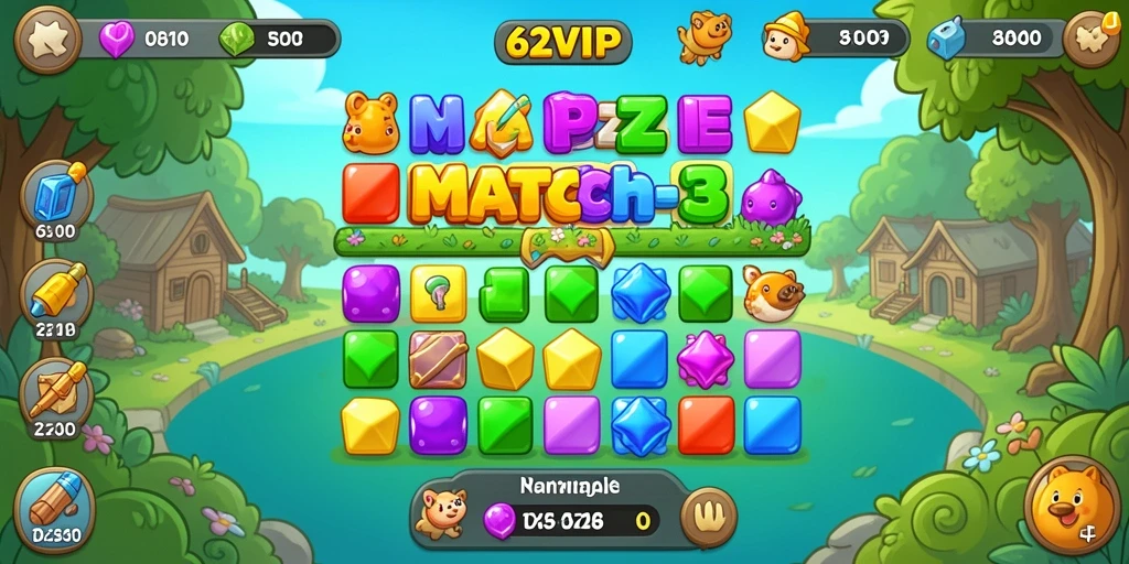 Screenshot gameplay 62VIP menampilkan kombinasi permata warna-warni dalam tantangan Match-3.