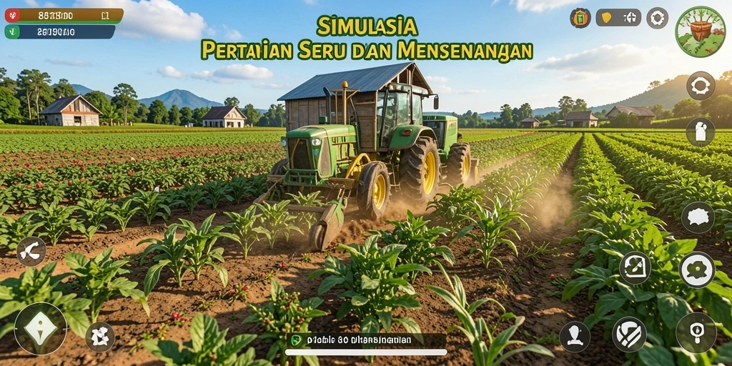 Grafik menarik saat pemain bertani di ladang hijau.