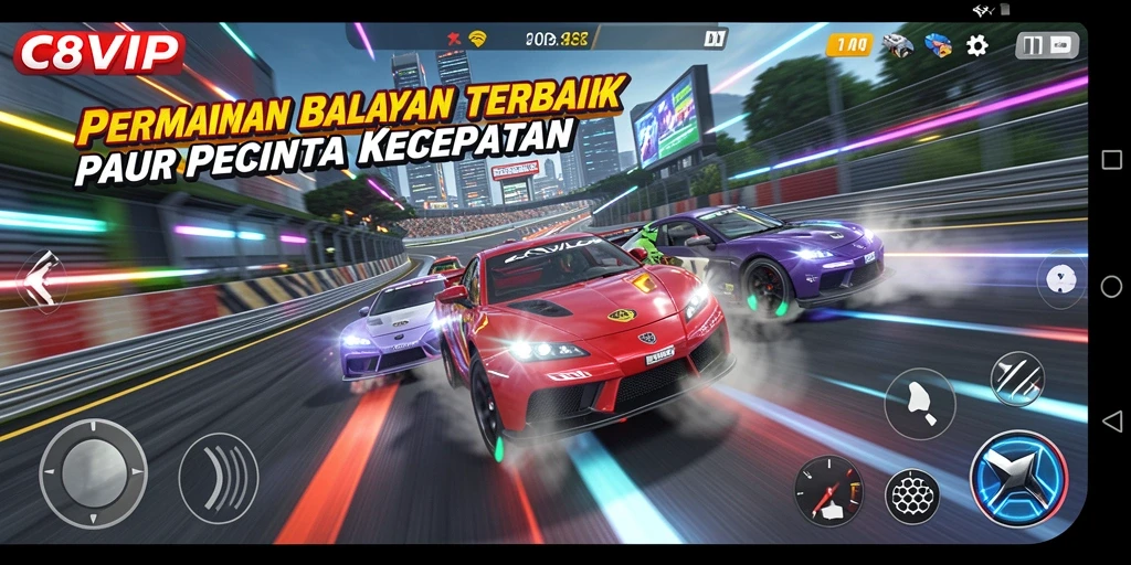 Gambaran gameplay C8VIP dengan aksi balapan yang seru.