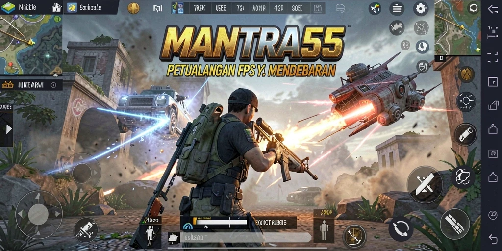 Tampilan gameplay mendebarkan di <strong>MANTRA55</strong> dengan aksi tembak-menembak yang intens.