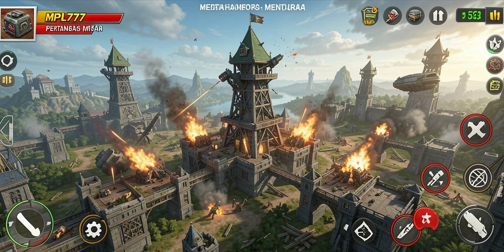 Tangkapan layar MPL777 menunjukkan aksi seru dalam melindungi menara dari serangan musuh.
