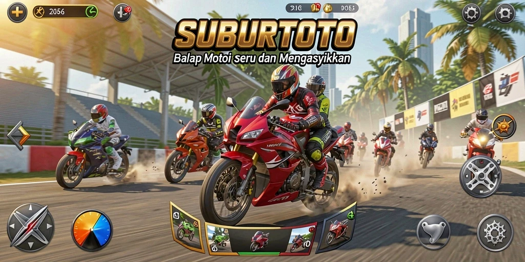 Screenshot SUBURTOTO menampilkan aksi balap motor yang mendebarkan.